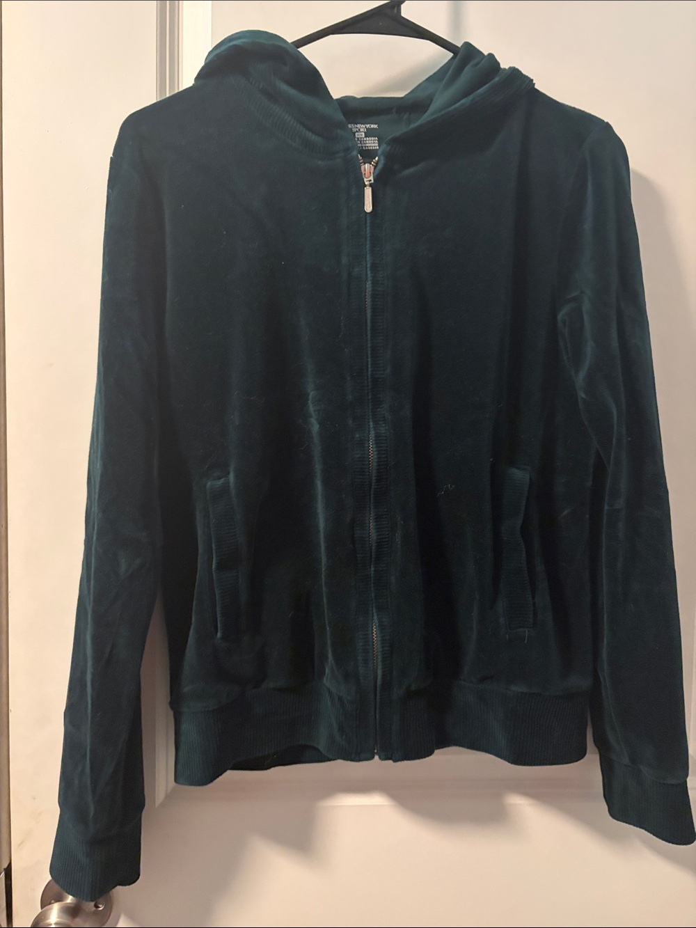 Jones New York Teal Velvet Hooded Zip Jacket